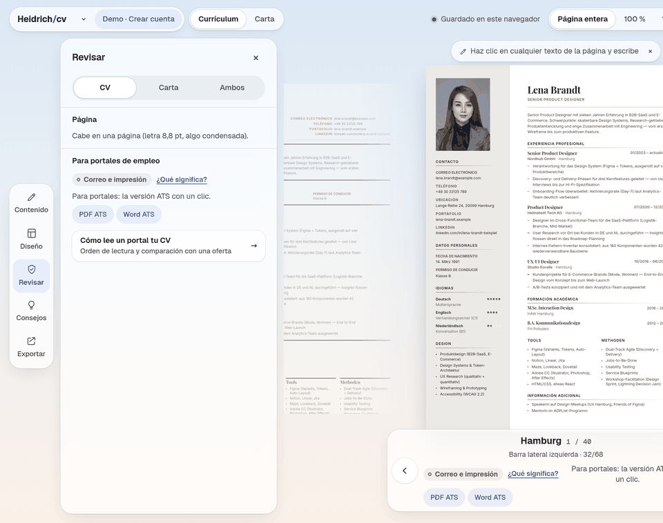 El panel Comprobar con la vista de texto del currículum
