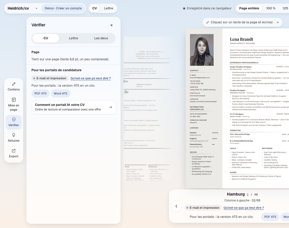 Le panneau Vérifier avec la vue texte du CV