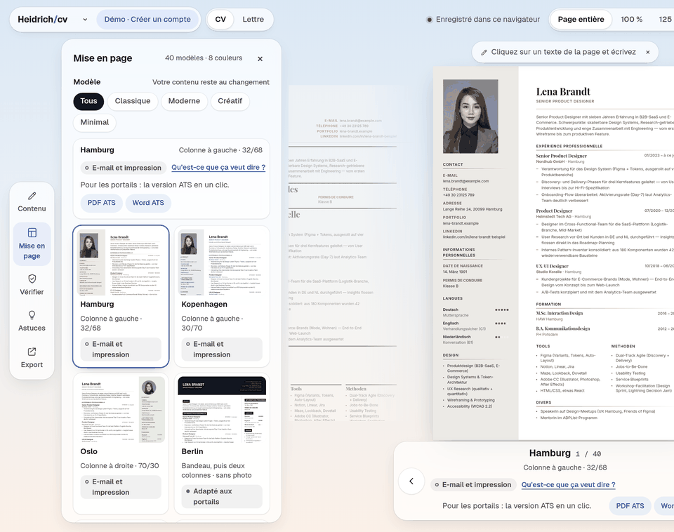 Le panneau de mise en page avec les cartes des modèles et leurs libellés