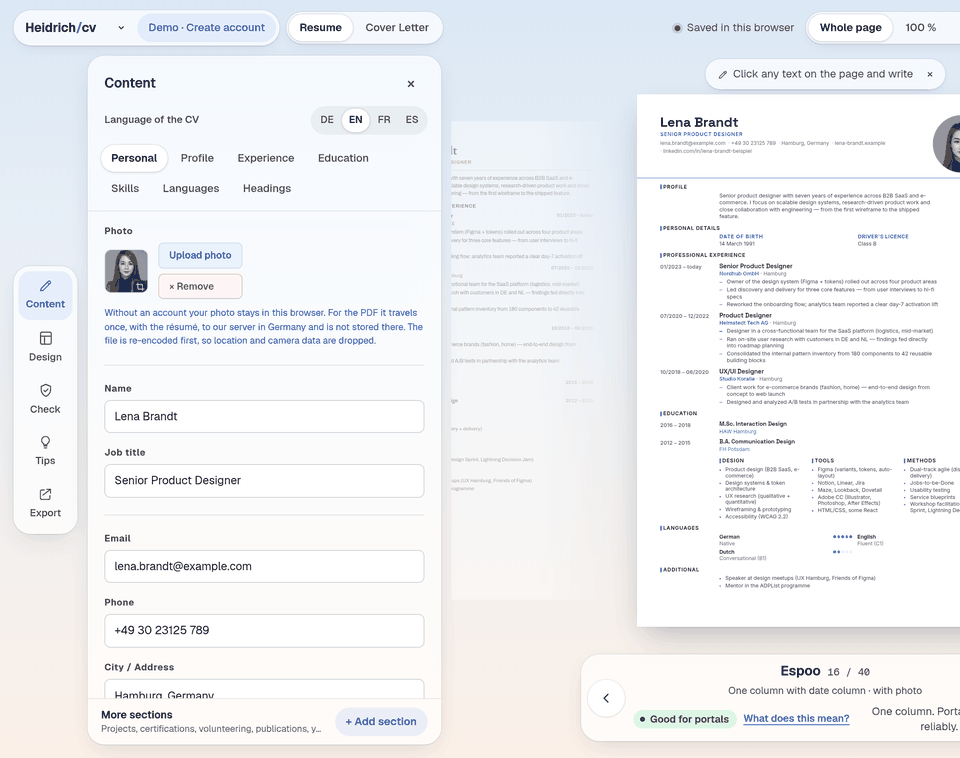The content panel with the CV fields next to the preview