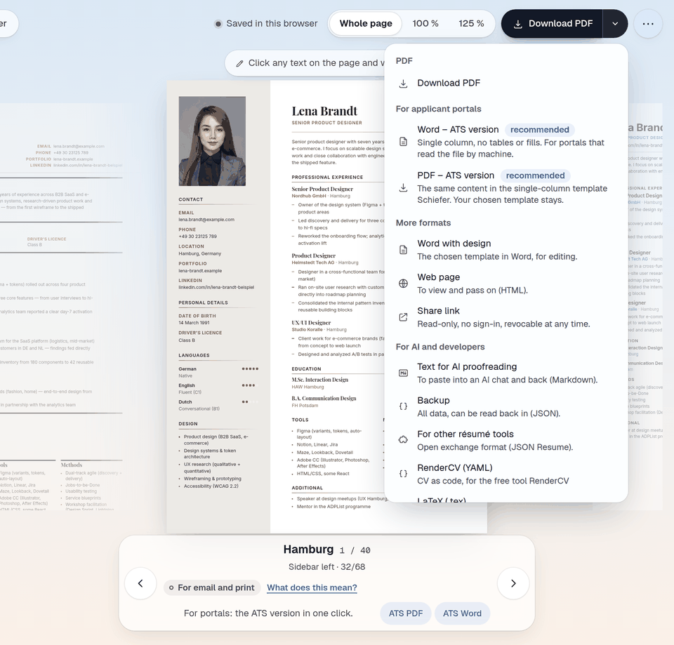 The export menu with PDF, Word and the ATS version