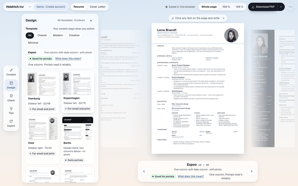 The editor in the demo: the design panel with templates on the left, Lena Brandt’s CV in the middle, the carousel with the template’s label below