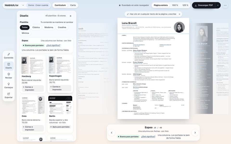 El editor en la demo: a la izquierda el panel de diseño con plantillas, en el centro el currículum de Lena Brandt, abajo el carrusel con la etiqueta de la plantilla