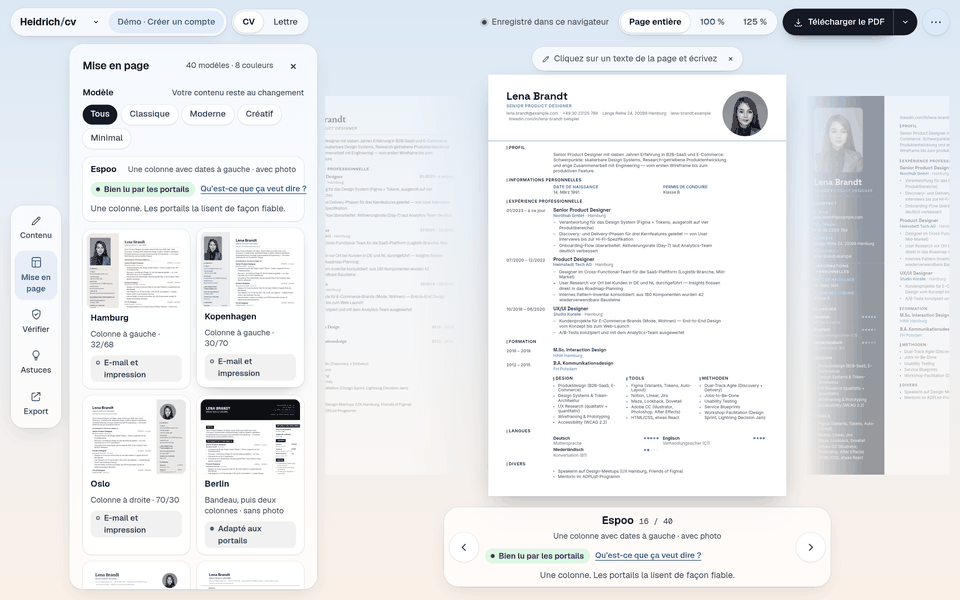 L’éditeur en démo : à gauche le panneau de mise en page avec les modèles, au centre le CV de Lena Brandt, en bas le carrousel avec le libellé du modèle